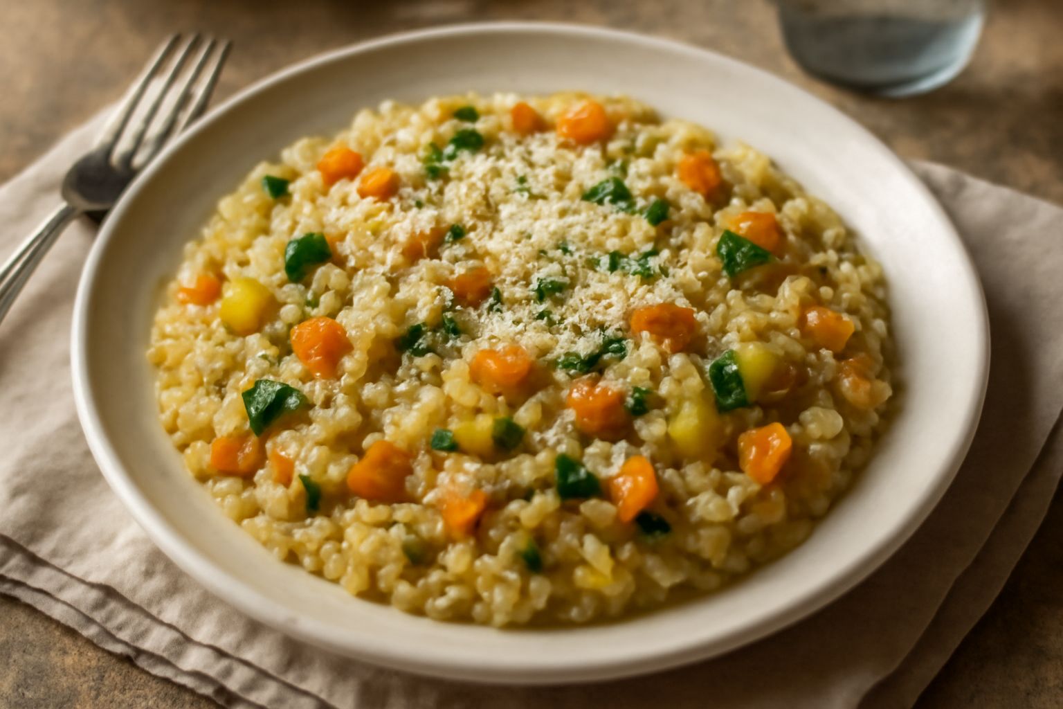 Piatto bianco fondo con risotto cremoso beige decorato con cubetti di verdure colorate, broccoli verdi, carote arancioni, zucchine pallide, cucchiaio d'acciaio a sinistra, grattugia di parmigiano sopr