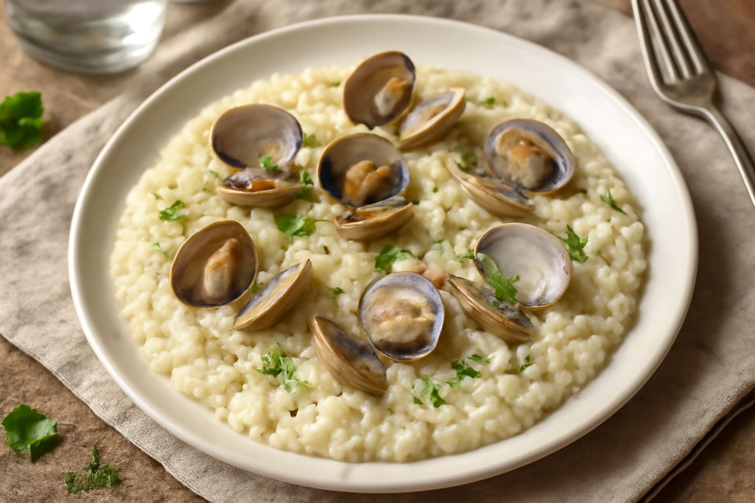 Risotto con le vongole servito in piatto fondo bianco, riso cremoso color avorio con vongole aperte e loro guscio sparsi in superficie, prezzemolo verde fresco sopra, cucchiaio di legno di lato