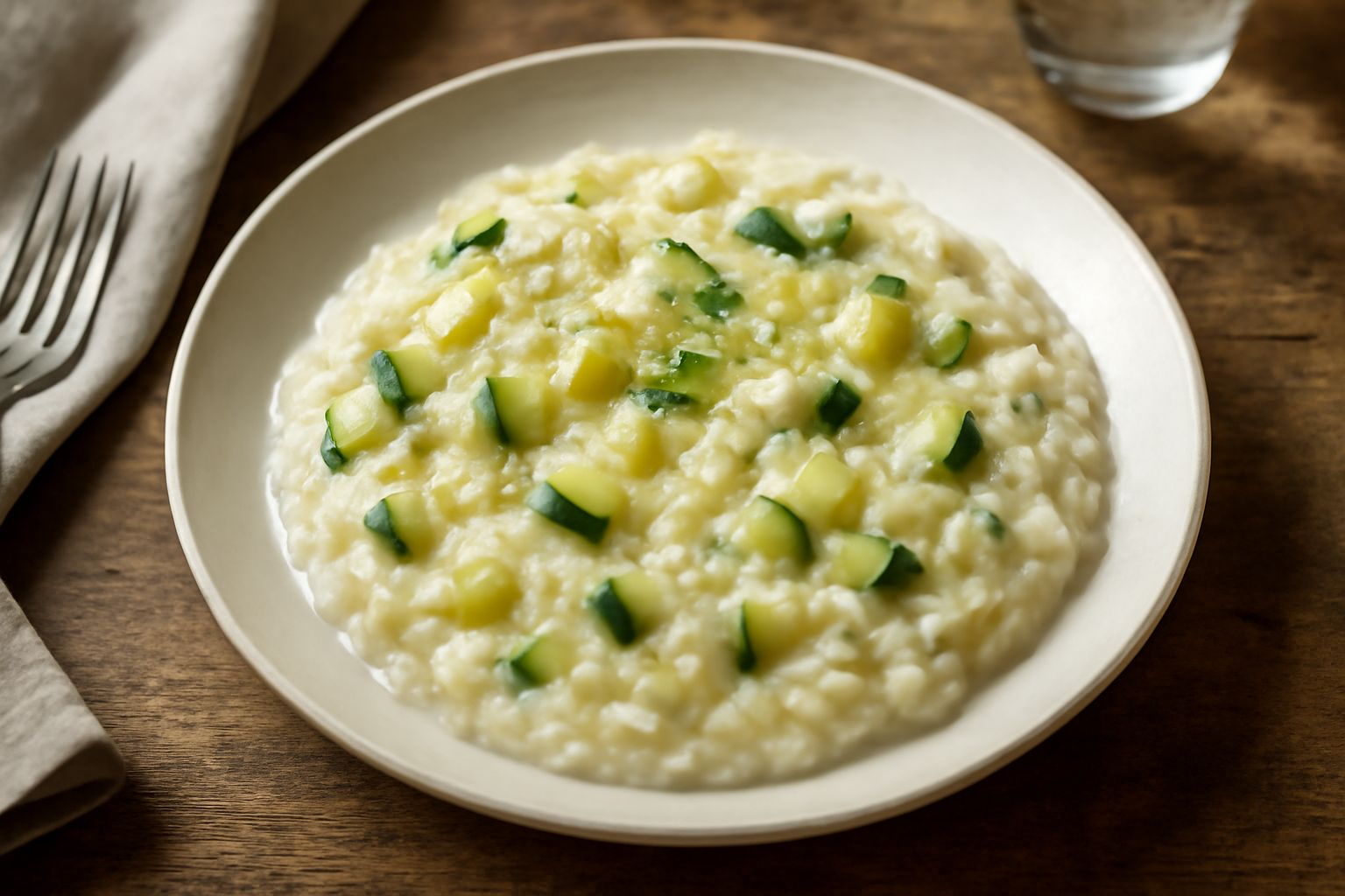 Risotto cremoso bianco-avorio con piccoli pezzi di zucchina verde e gialla distribuiti uniformemente, grana di parmigiano grattugiata sopra, impiattato in un piatto bianco fondo con bordo arrotondato