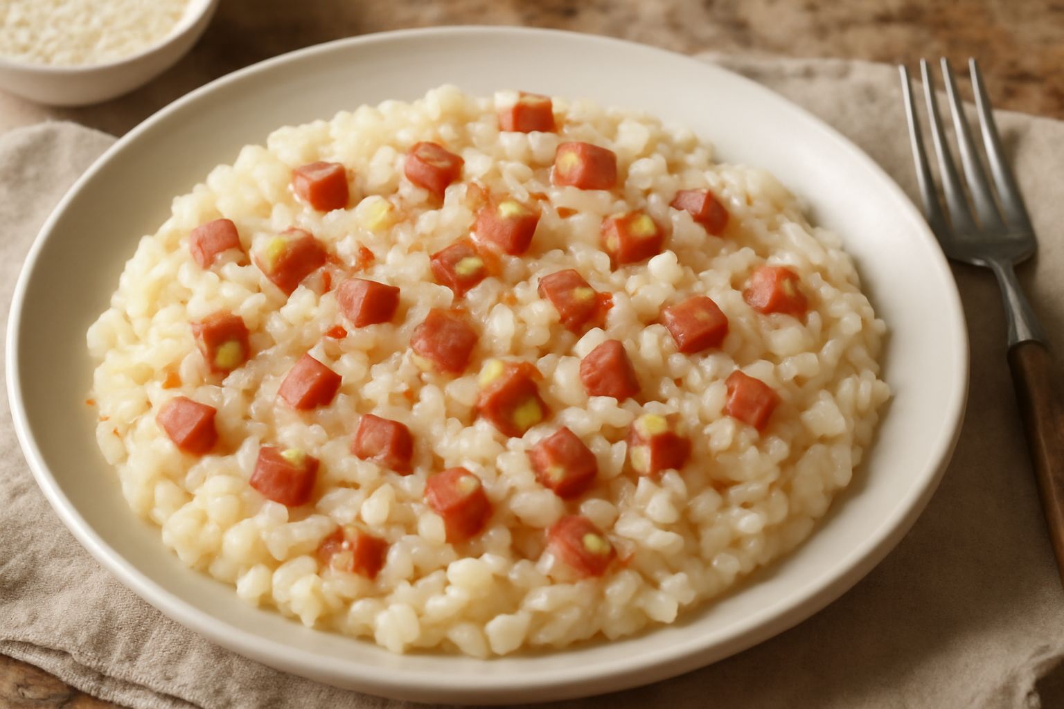 Piatto di risotto cremoso color bianco avorio con cubetti di speck rosa e bruno, riso ben mantecato, servito in scodella bianca con cucchiaio in primo piano e fondo sfocato di cucina