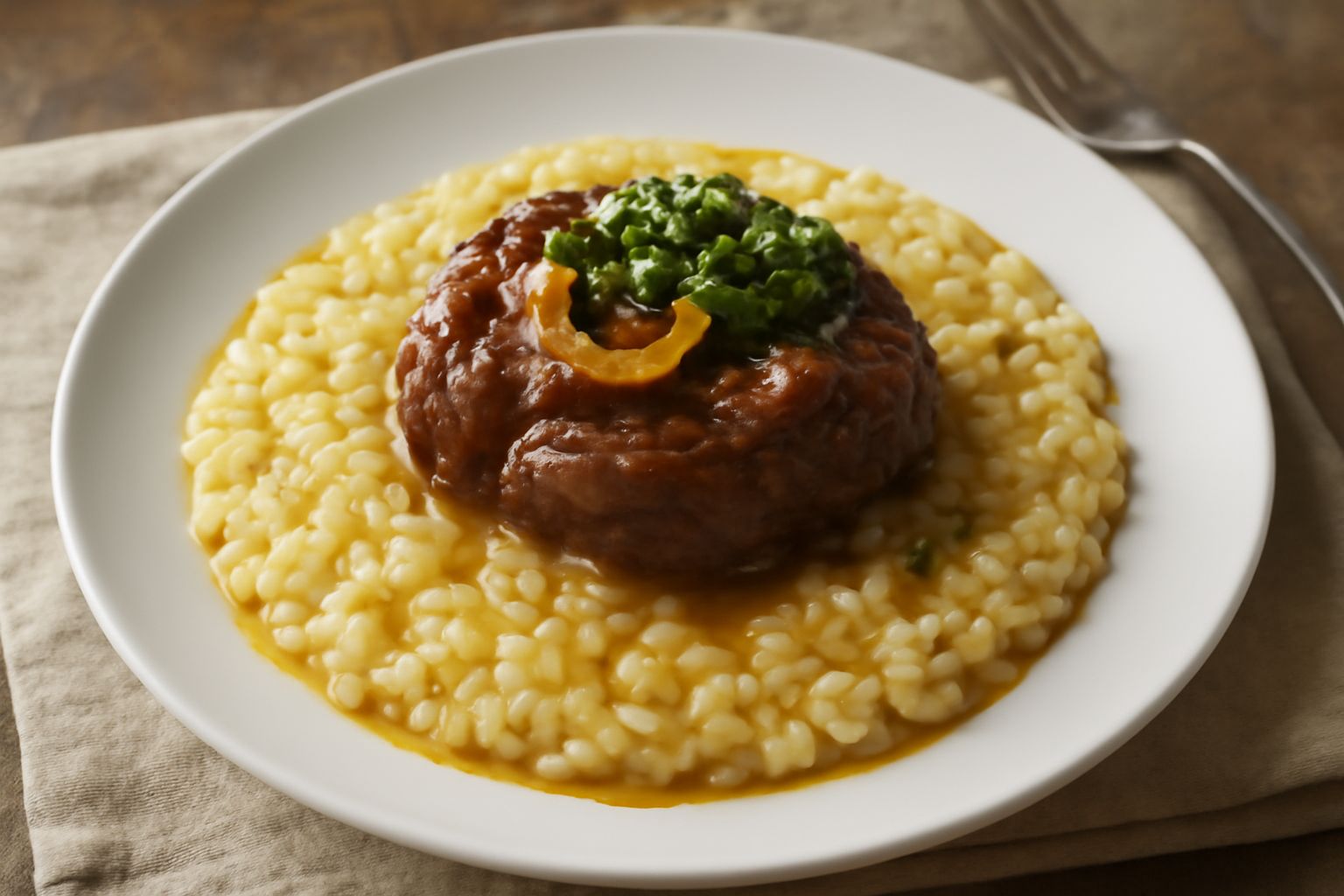 Piatto di risotto color avorio con ossobuco braciato al centro, sugo bruno intenso, gremolata verde su crema di riso, caldo appena servito