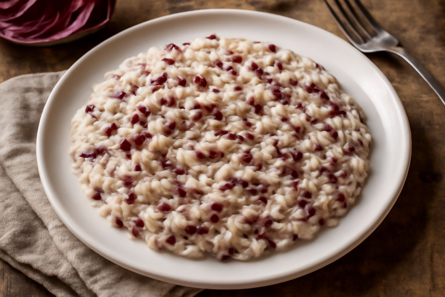 Risotto cremoso in piatto bianco con striature rosso violaceo del radicchio tritato, mantecato al centro, guarnito con una foglia di radicchio crudo e parmigiano grattugiato
