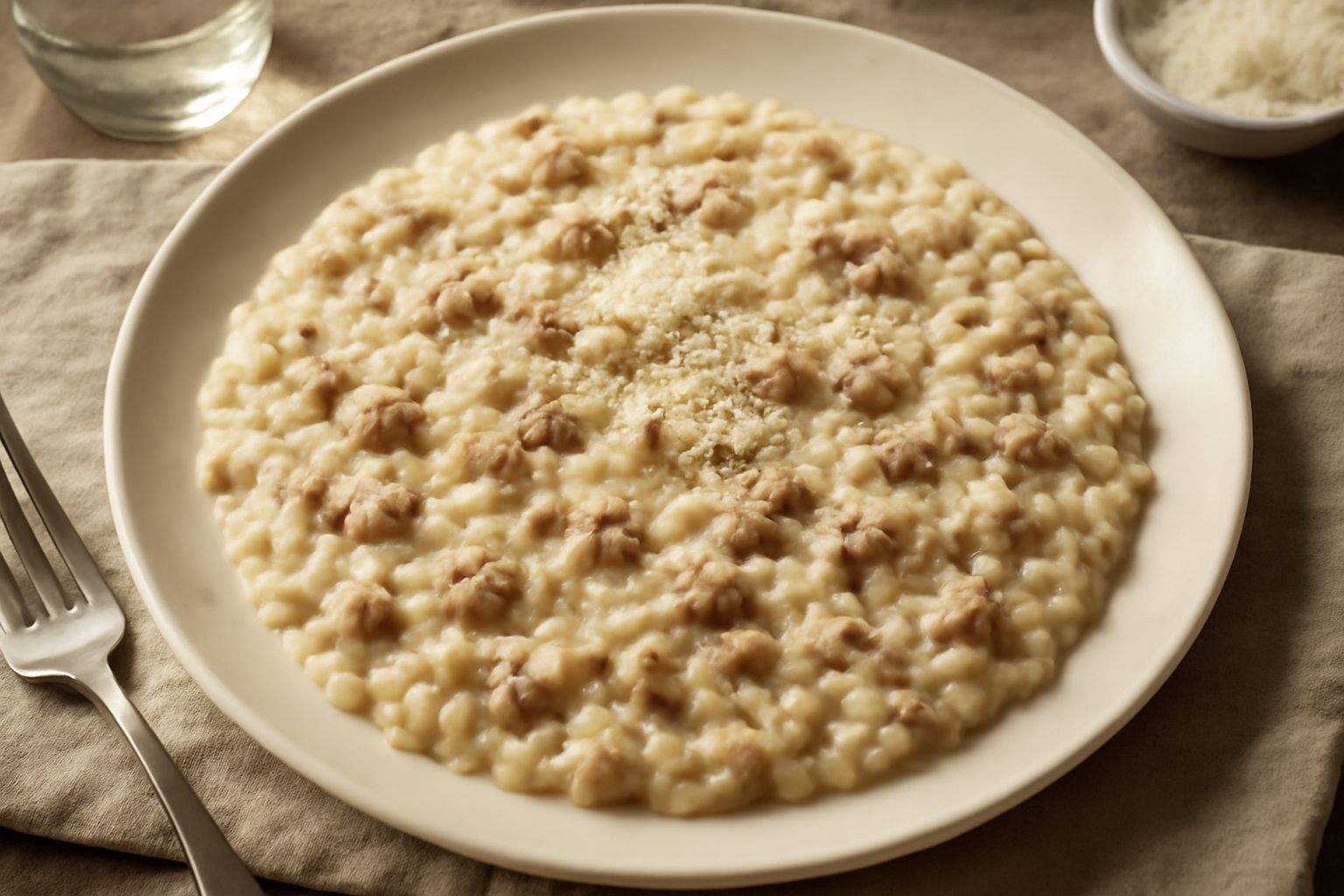 Piatto bianco con risotto cremoso di colore avorio, ragù bianco distribuito uniformemente, grana padano grattugiato in superficie, cucchiaio argentato appoggiato sul bordo