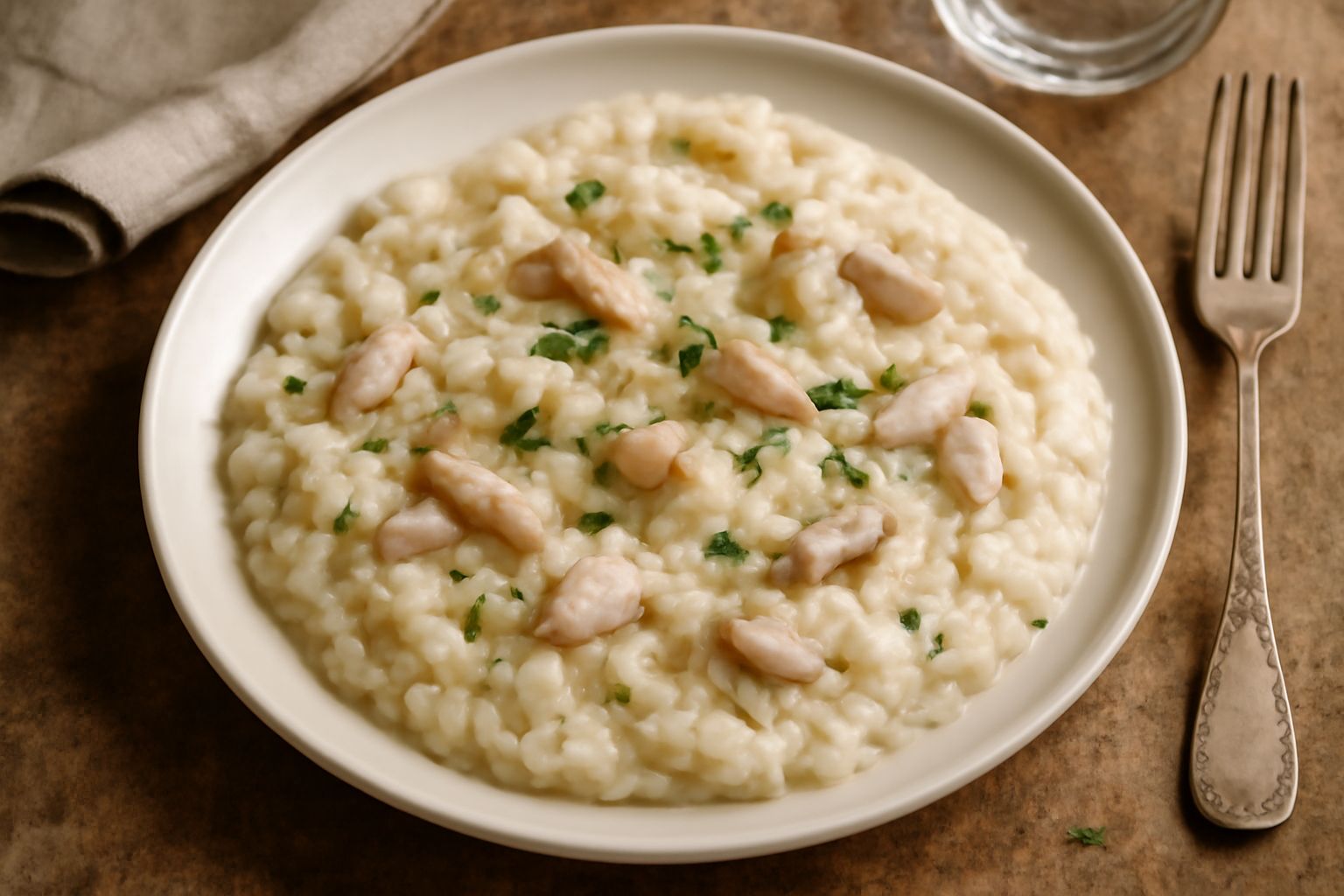 Risotto cremoso di colore bianco avorio con pezzetti di carne di rana visibili sulla superficie, guarnito con prezzemolo fresco verde e grattugiata di parmigiano, servito in un piatto fondo bianco