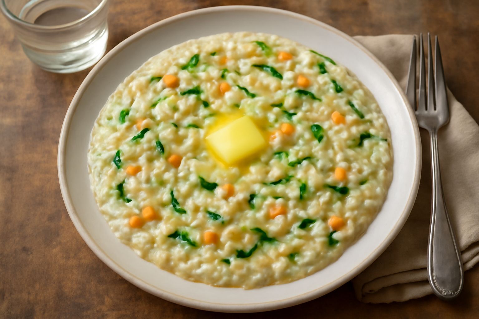 Risotto cremoso in bianco piatto fondo, con visibili frammenti di carote, zucchine e foglie verdi sparse sulla superficie, guarnito con noce di burro sciolta e grana grattugiato fine, servito in una c