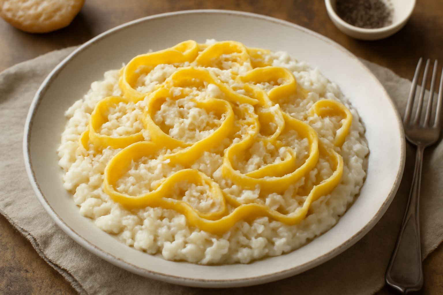 Piatto di risotto con tagliatelle cremoso di colore bianco avorio, con strisce di pasta all'uovo giallo oro intrecciata nel riso, guarnito con parmigiano grattugiato e una noce di burro dorato al cent