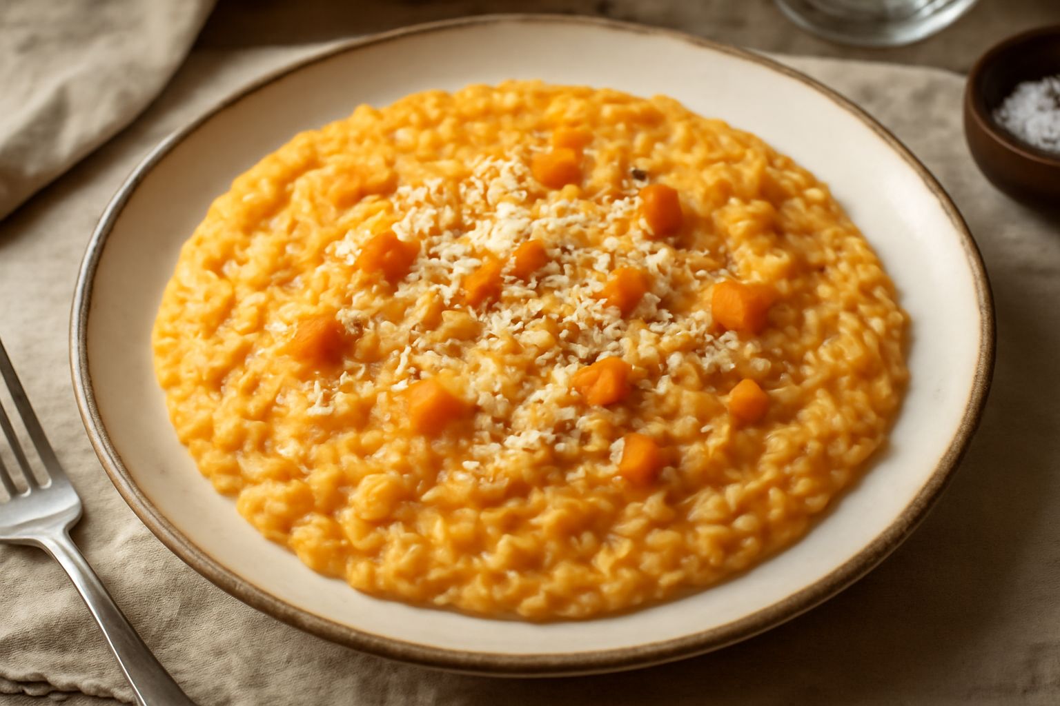 Risotto cremoso di colore arancione chiaro, servito in piatto bianco fondo, con una nocciolina di burro al centro, grattugia di Parmigiano sparsa e una fogliolina di salvia verde scuro come decorazion