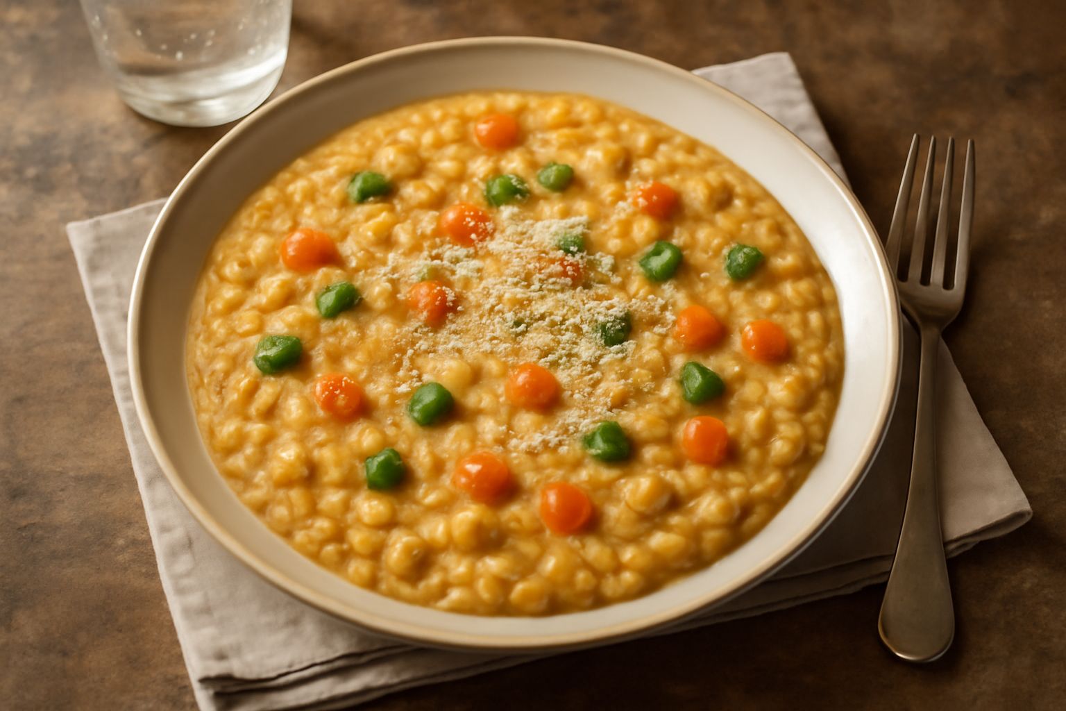 Risotto cremoso di colore beige-dorato, servito in piatto fondo bianco, con verdure verdi tagliate a dadini sparse in superficie, grana grattugiata bianca, cucchiaio di legno appogggiato sul bordo, va