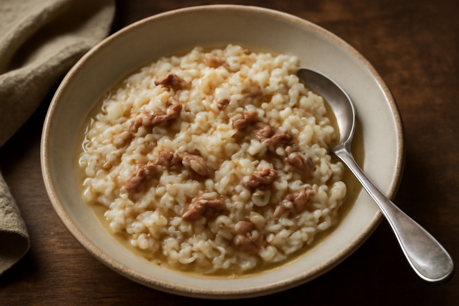 Risotto cremoso color bianco sporco in piatto fondo bianco, con pezzetti visibili di carne scura, insaporito da brodo caldo, condito con parmigiano grattugiato e prezzemolo fresco