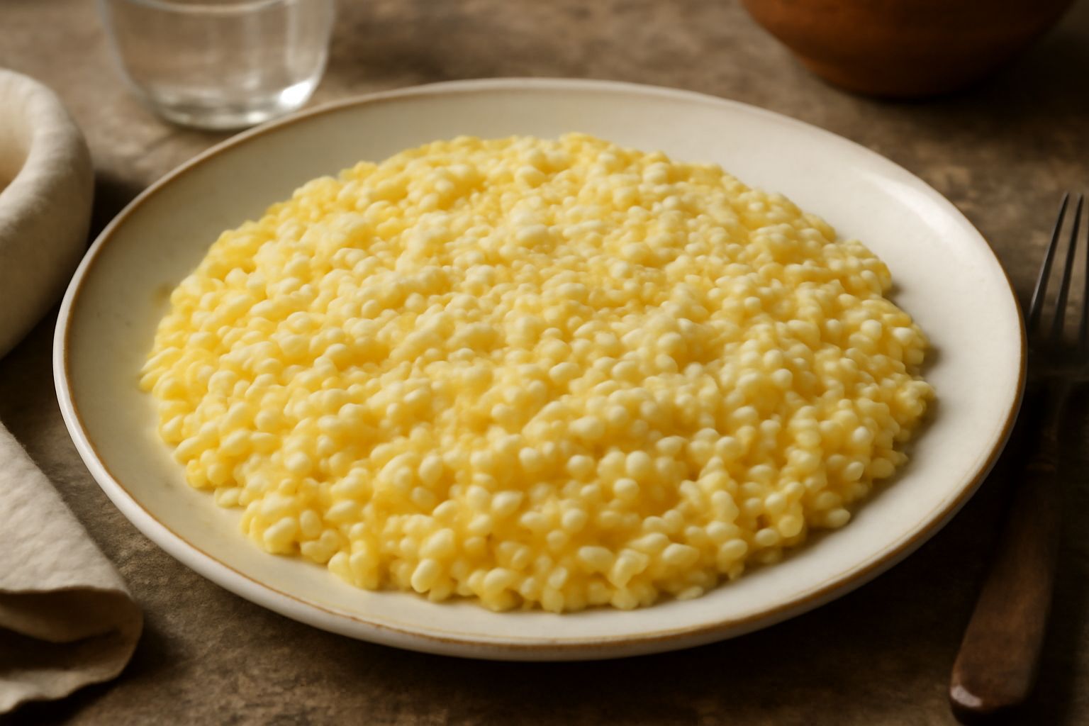 Risotto cremoso in piatto bianco profondo, di colore giallo-avorio, con grana di riso ben visibile e una spolvata di parmigiano grattugiato, servito con cucchiaio in legno