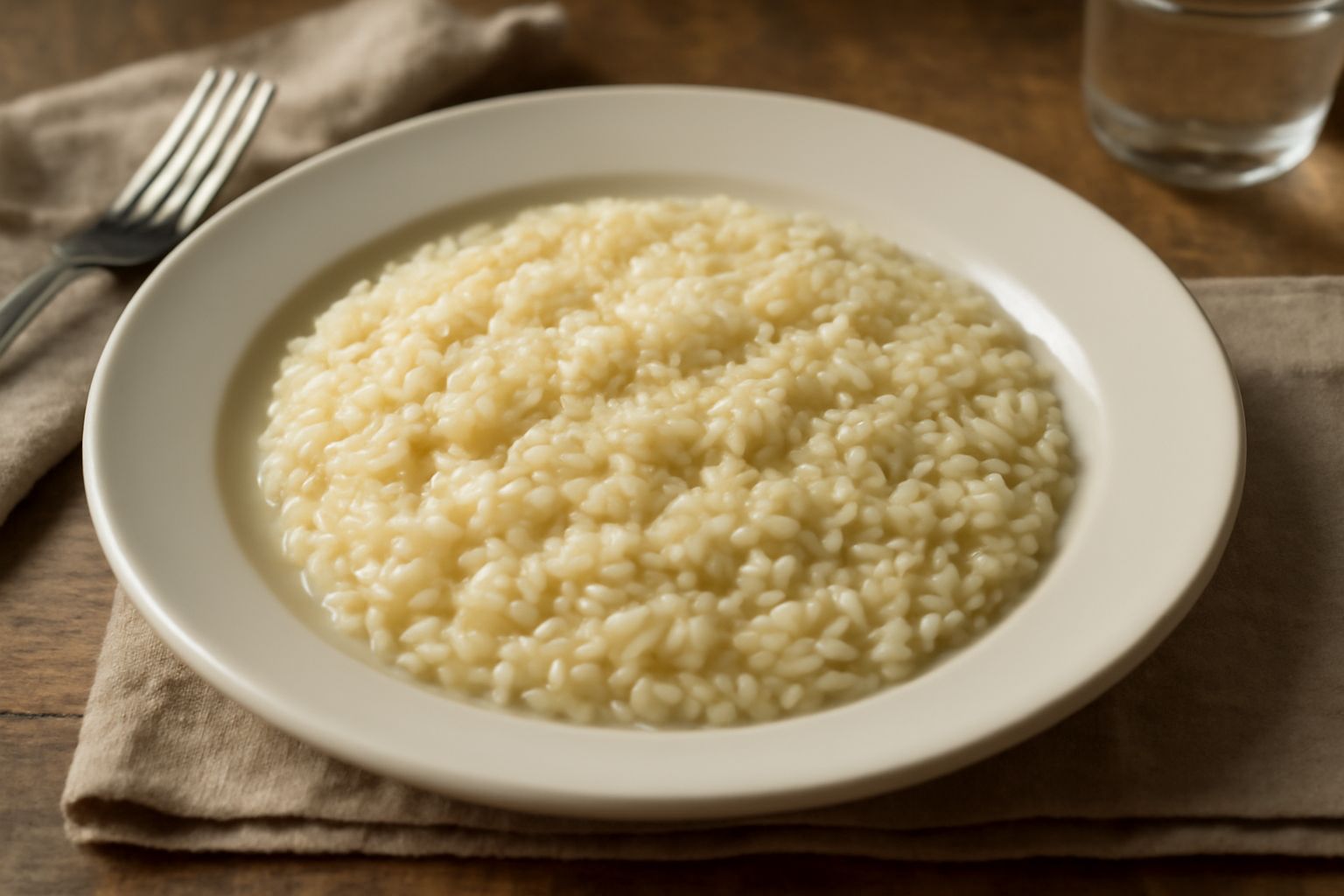 Risotto bianco cremoso in un piatto fondo di ceramica, guarnito da una spolverata di parmigiano grattugiato e un rametto di prezzemolo fresco, con cucchiaio di legno appoggiato sul bordo