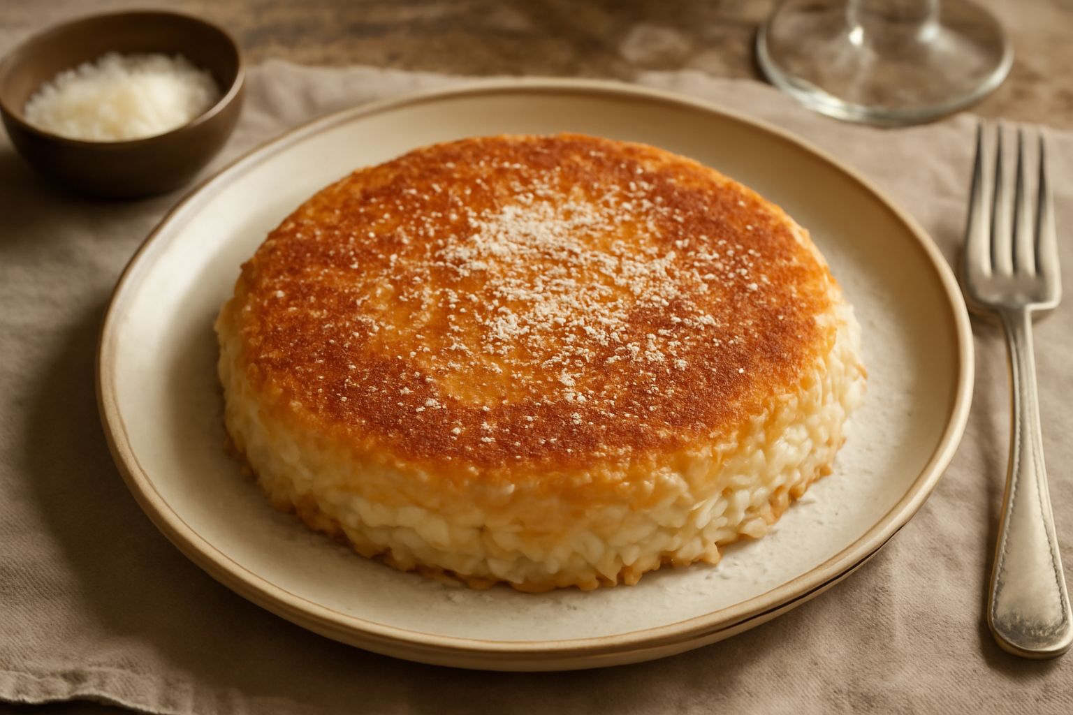 Risotto del giorno dopo dorato e croccante in una padella in ghisa scura, con una crosticina color marrone su tutto il fondo, guarnito con foglie di prezzemolo fresco e parmigiano grattugiato