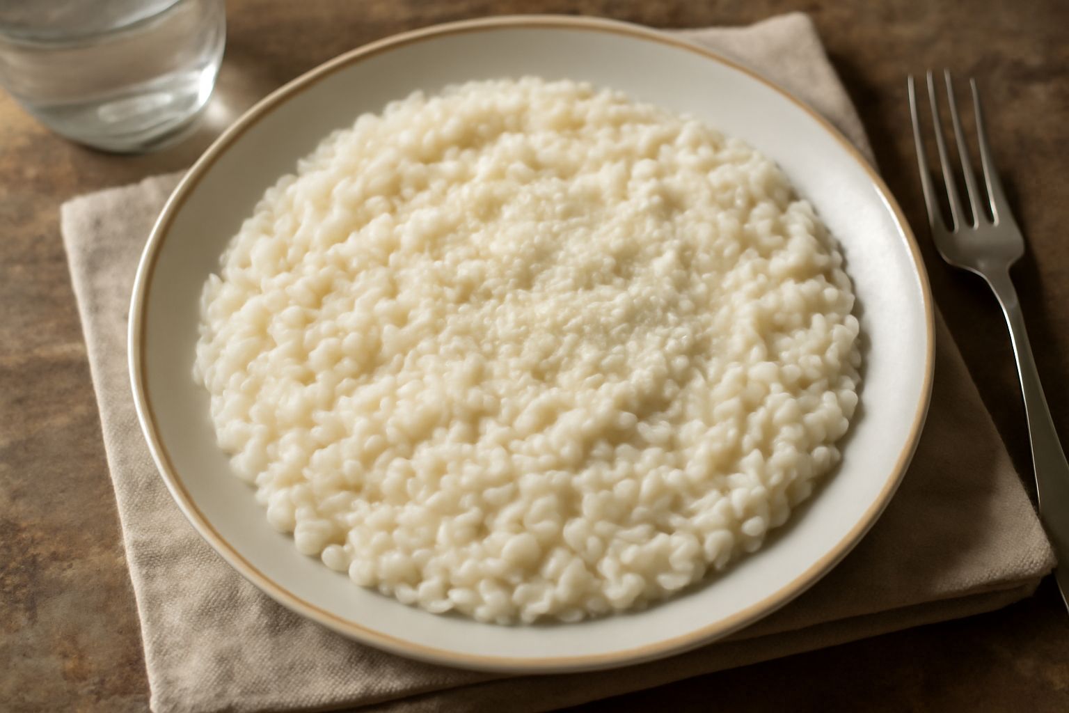 Piatto bianco con risotto cremoso color avorio, grani di riso ben separati, vapore visibile, spolverato di formaggio grattugiato bianco, cucchiaio di legno poggiato sul bordo del piatto