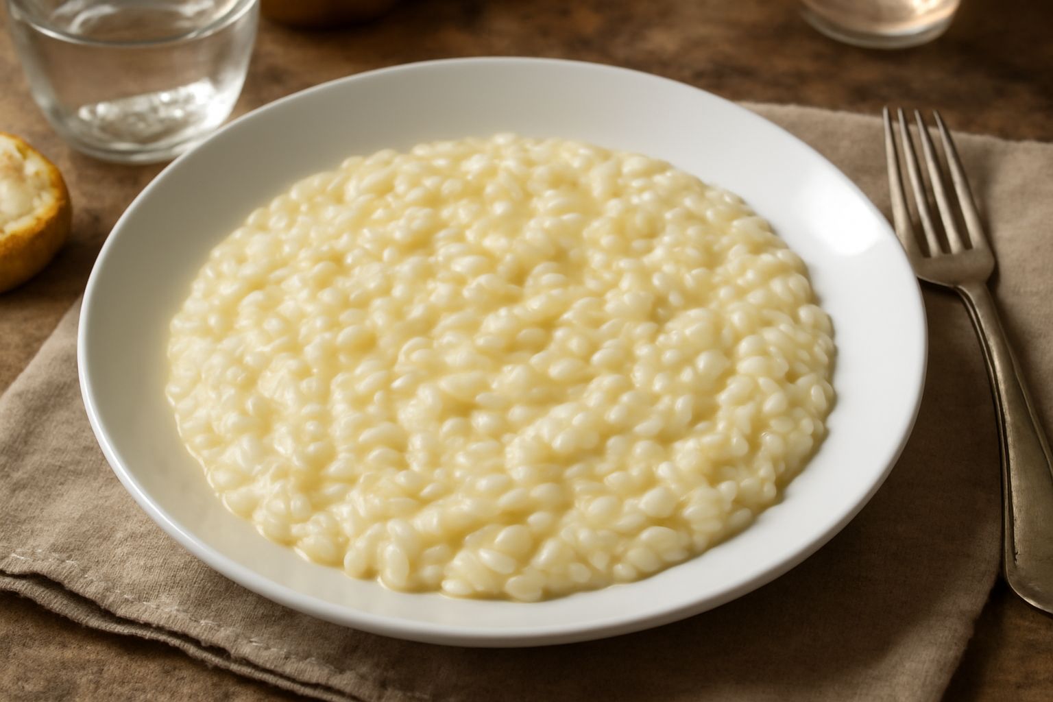 Piatto di risotto bianco cremoso con superficie liscia e luminosa, condito con burro e formaggio grattugiato, guarnito con foglia di prezzemolo fresco, in piatto bianco profondo su tavolo con tovaglia
