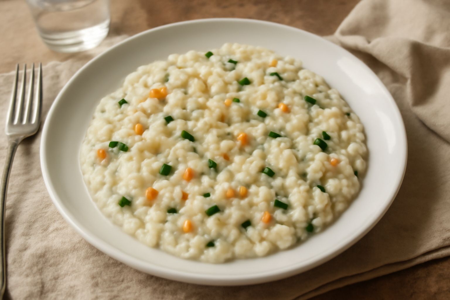 Risotto cremoso di colore bianco e beige, servito in ciotola bianca, con verdure miste sparse in superficie, cucchiaio di legno a lato, filo di olio d'oliva lucido visibile