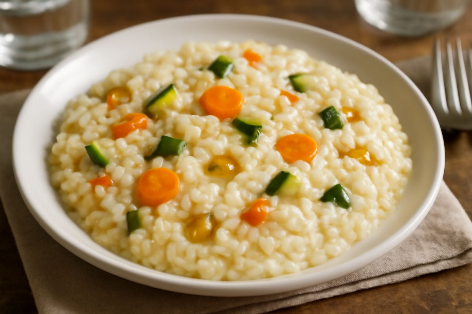 Risotto cremoso bianco e giallo in piatto bianco, con pezzetti di verdure verdi e gialle visibili, olive nere tagliate a metà sparse in superficie, un mestolo di legno appoggiato sul bordo, vapore leg