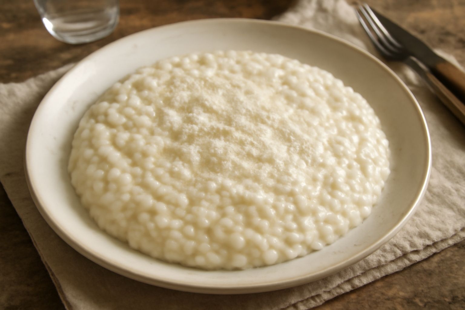 Un piatto di risotto color avorio con riflessi di burro, condito con formaggio grattugiato, servito in un piatto bianco fondo con un cucchiaio in acciaio a fianco