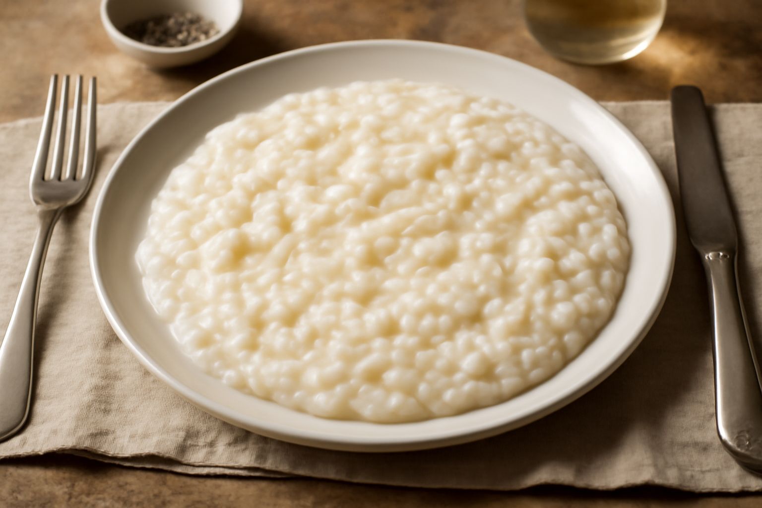 Piatto di risotto cremoso bianco e giallo con grani di riso brillanti, mantecato con burro e formaggio, servito in ciotola di ceramica bianca con cucchiaio in primo piano e fondo sfocato di cucina ser