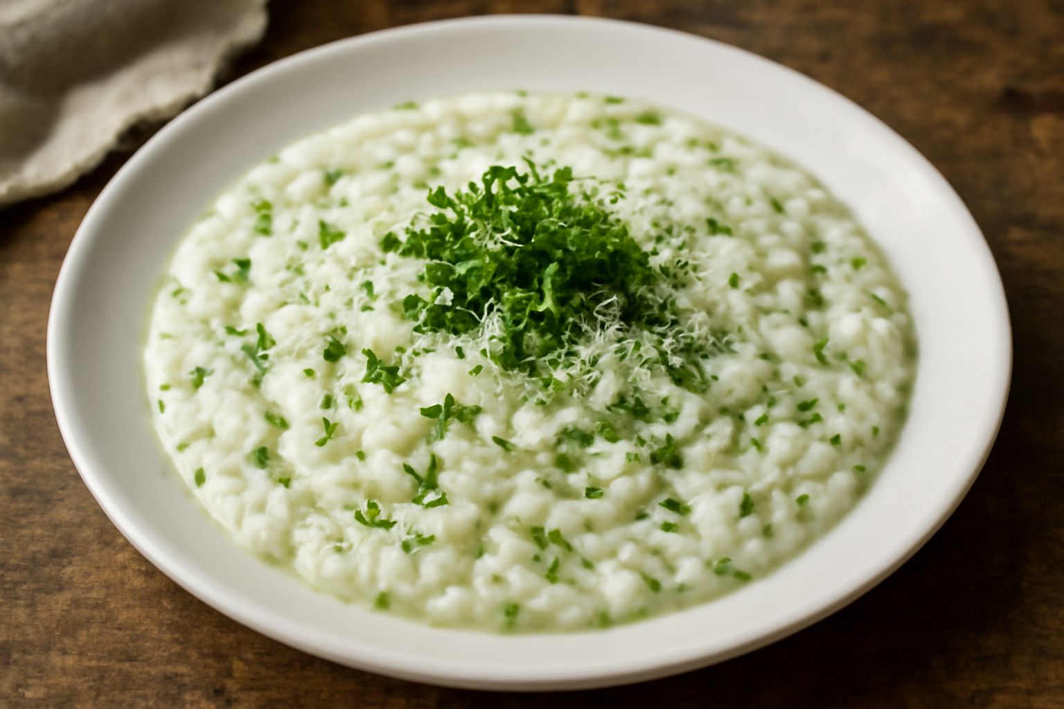 Risotto cremoso color avorio con sfumature verdi, seminato di prezzemolo fresco e una manciata di parmigiano grattugiato, servito in piatto bianco fondo