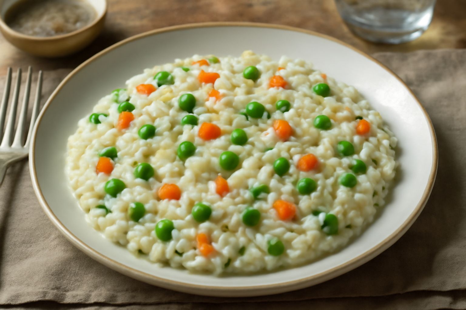 Risotto cremoso di colore bianco sporco con puntini di verdure colorate, carote arancioni, piselli verdi, zucchine grigie, finito con burro e parmigiano grattugiato, servito in piatto bianco fondo con