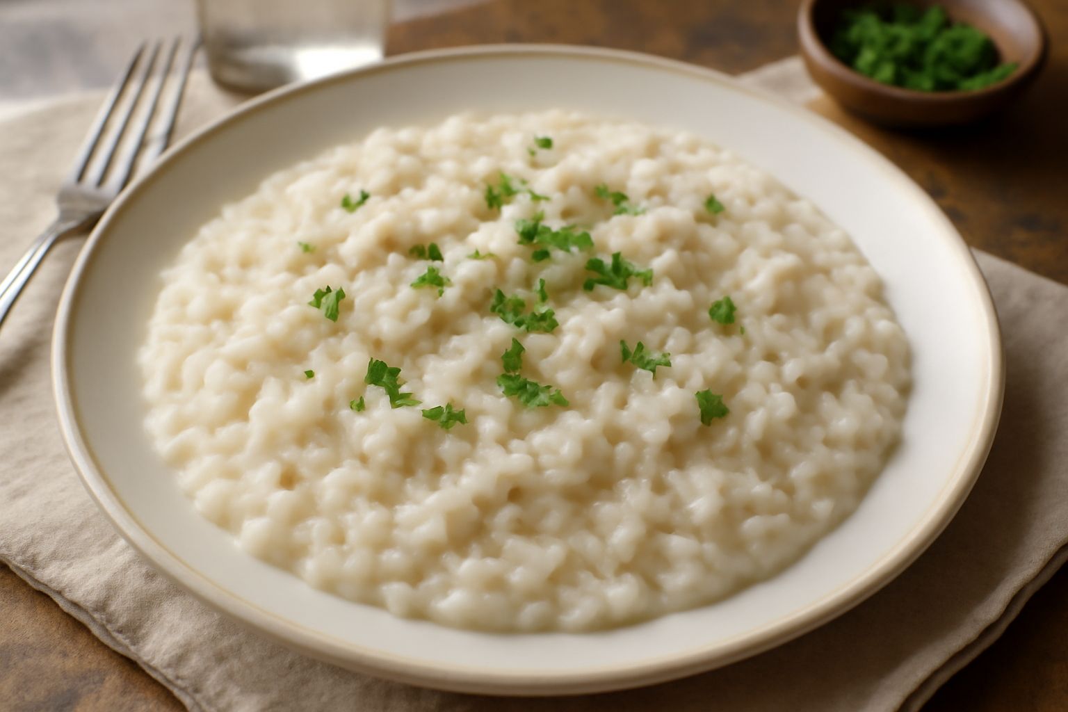 Un piatto bianco con risotto cremoso di colore bianco avorio, decorato con pezzetti di go bianco e trasparente, guarnito con prezzemolo fresco verde e un filo di olio in superficie