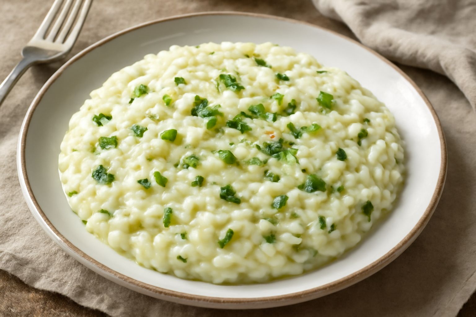 Un piatto di risotto di magro color bianco crema con sfumature verdi dalle verdure, ornato con prezzemolo fresco e parmigiano grattugiato, servito in un piatto bianco profondo