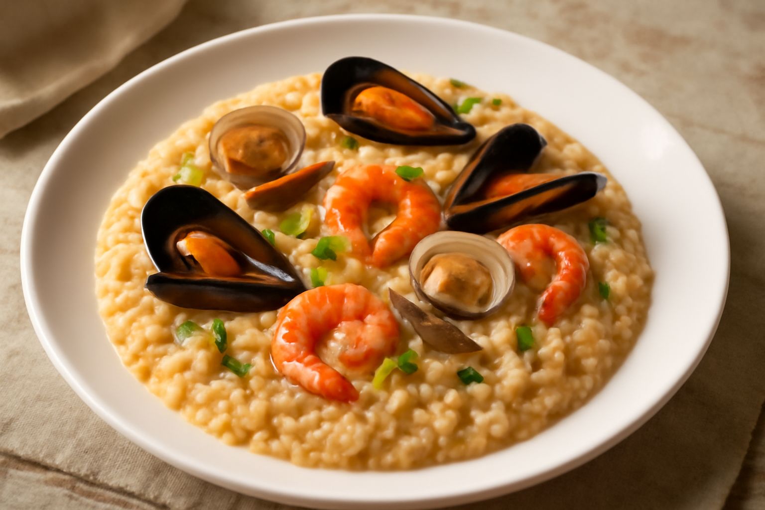 Piatto bianco con risotto di mare cremoso color avorio, sparse vongole veraci aperte, gamberetti rossi, cozze blu scuro, prezzemolo verde fresco sulla superficie, vapore caldo che si alza dal riso