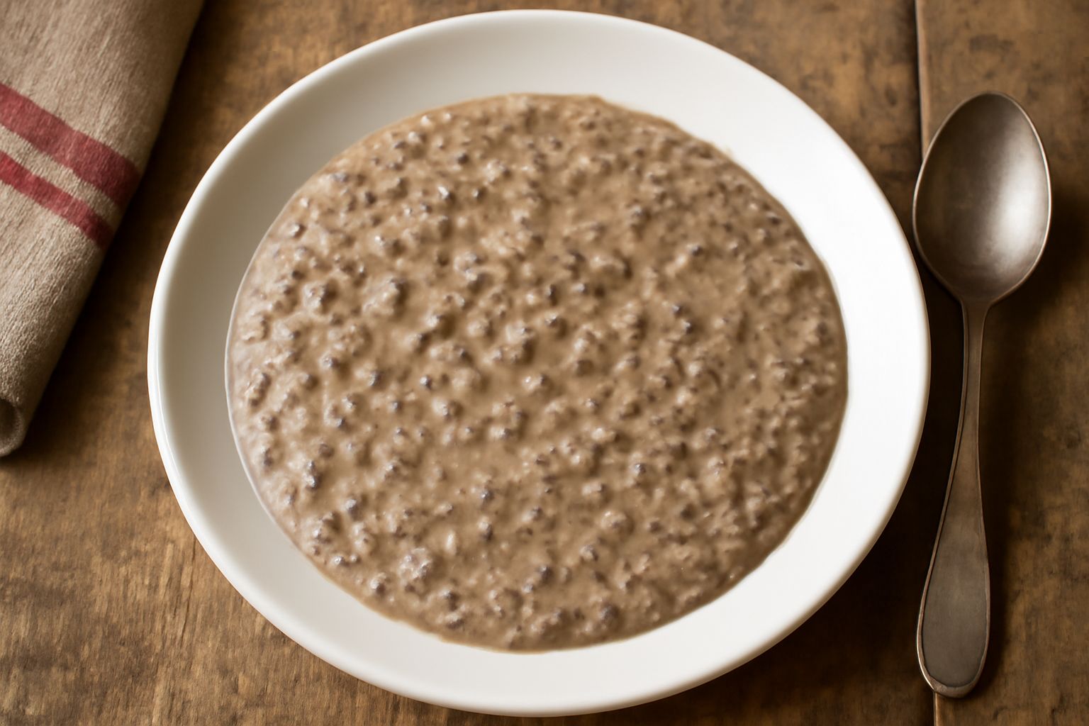 Piatto bianco con risotto cremoso color avorio punteggiato di marrone scuro della milza tritata, guarnito con prezzemolo fresco verde e una noce di burro dorato in superficie