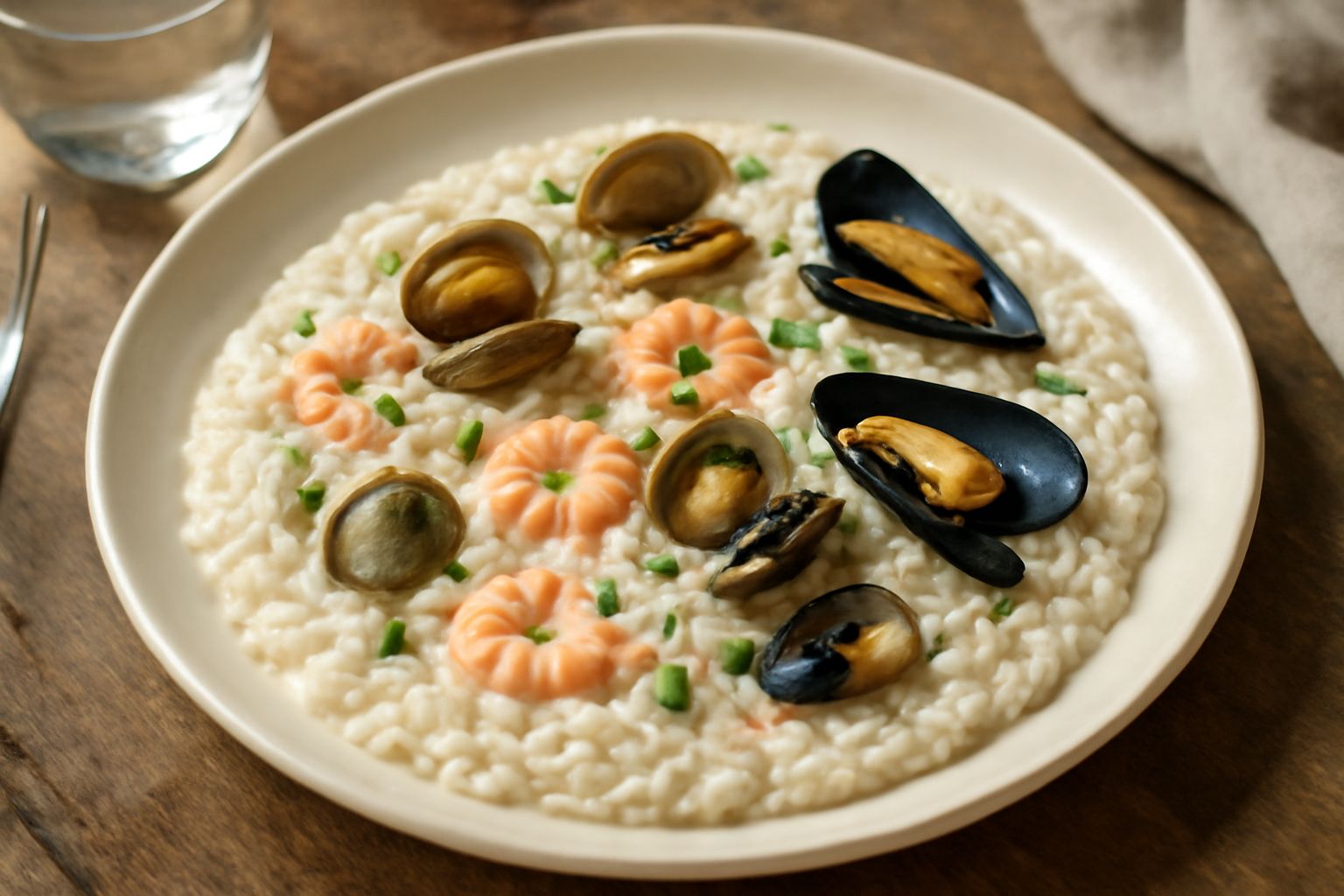 Un piatto bianco ampio con risotto cremoso di colore bianco avorio, decorato con vongole verdi scure, cozze nere e gamberetti rosa, cosparso di prezzemolo fresco verde, servito con un filo di olio d'o