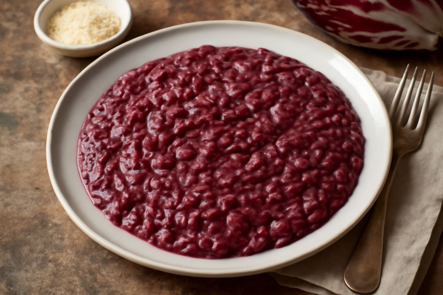 Piatto bianco con risotto cremoso di colore rosso scuro con sfumature viola, mantecato a vista, con una nappatura liscia di burro e parmigiano grattugiato sulla superficie