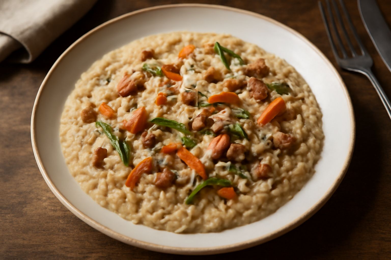 Risotto cremoso di colore beige con verdure colorate miste sparse in superficie, granella di formaggio, cucchiaio di legno nel piatto bianco