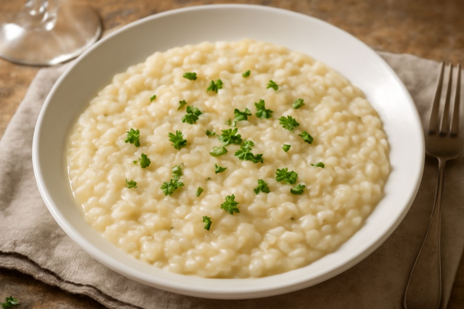 Un piatto bianco con risotto cremoso colore avorio, granelli di riso visibili e ben staccati, condito con un filo di olio d'oliva verde scuro e una manciata di prezzemolo fresco tritato finemente. Sul