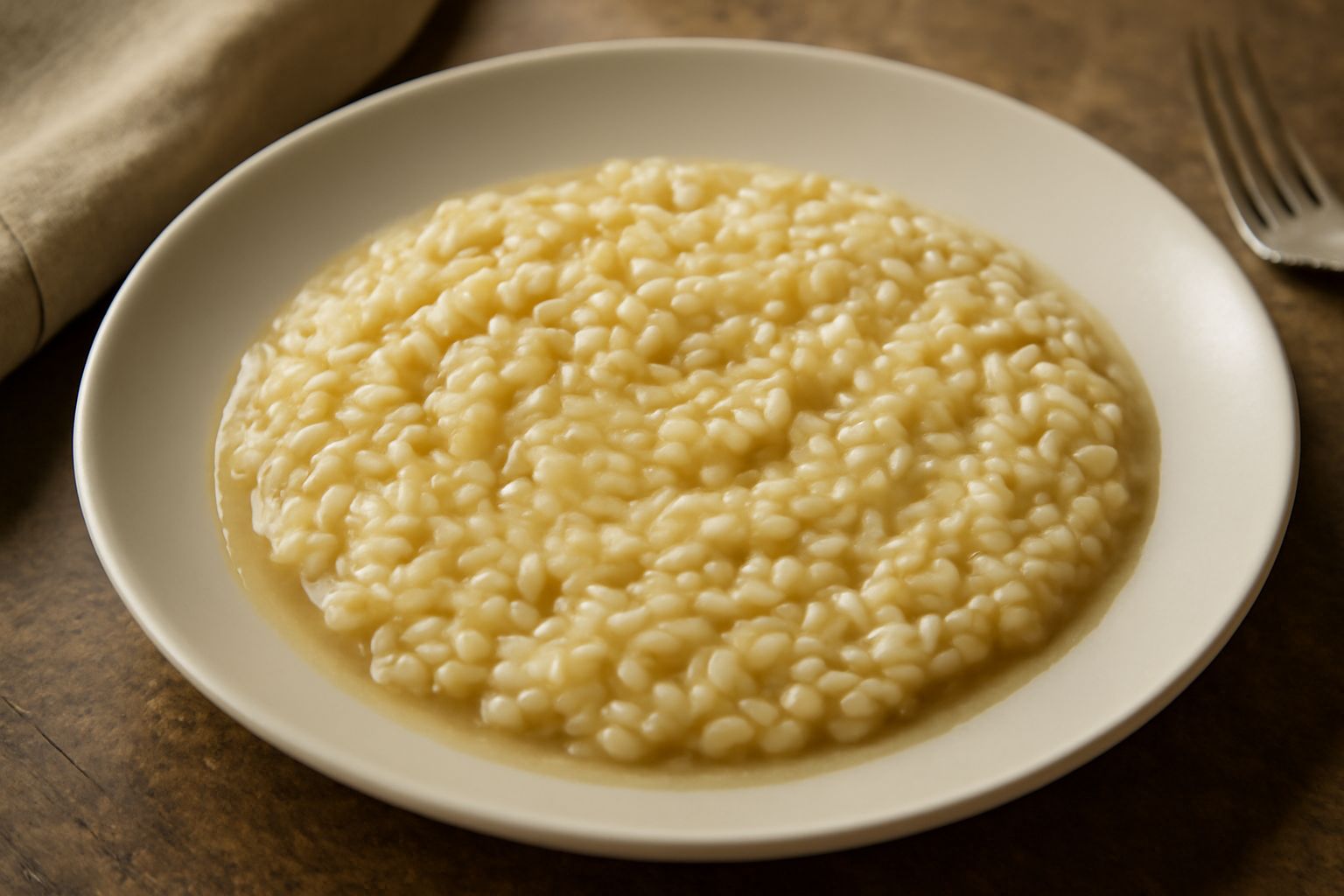 Piatto di risotto cremoso color avorio con brodo luminoso, decorato con prezzemolo fresco verde, grani di riso bene amalgamati e brodo trasparente intorno, servito in piatto bianco fondo