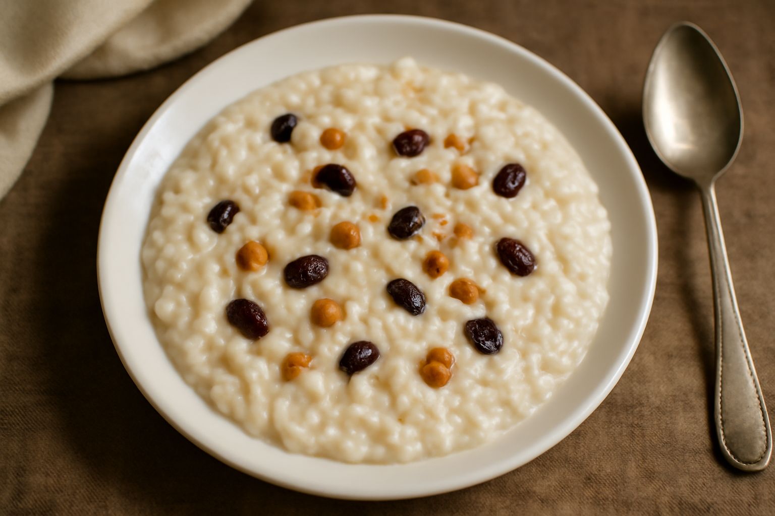 Piatto bianco con risotto dolce cremoso color avorio, spolverato di noci tostate, con uvetta visibile nei grani di riso, servito tiepido e fumante
