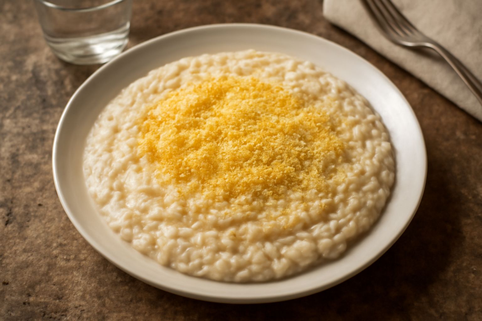 Piatto di risotto d'orzata cremoso di colore bianco-beige, guarnito con parmigiano grattugiato e prezzemolo fresco, servito in ciotola bianca con cucchiaio di legno