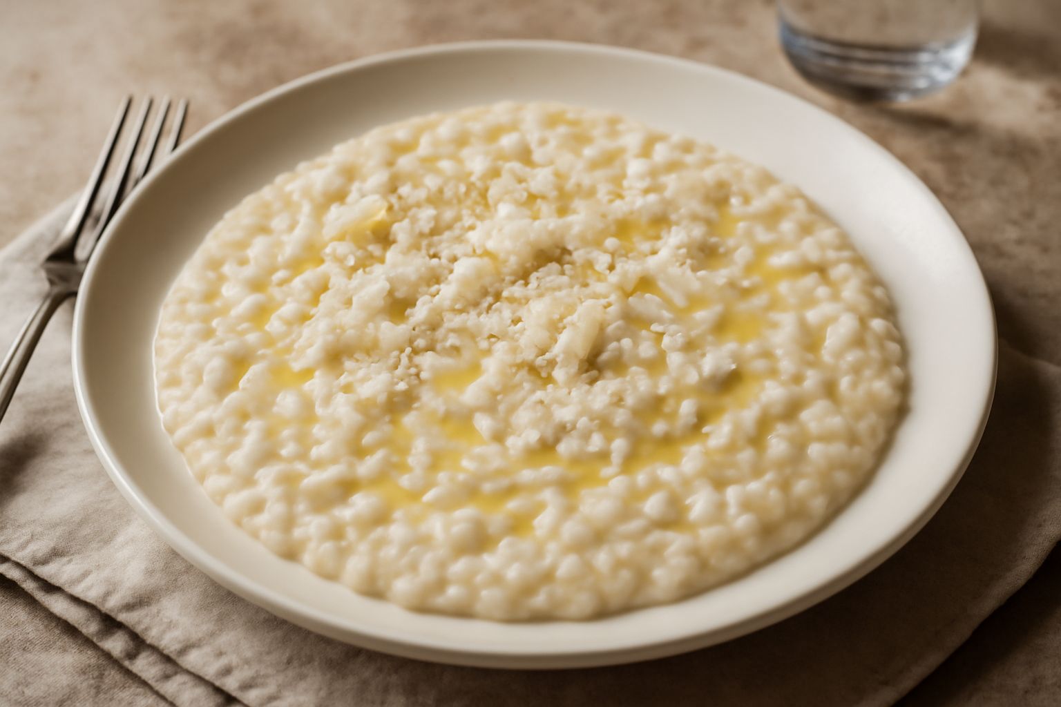 Risotto d'orzo cremoso di colore beige-avorio in piatto bianco, con riflessi lucidi di burro e parmigiano grattugiato sulla superficie, contorno di verdure bollite sfocate sullo sfondo