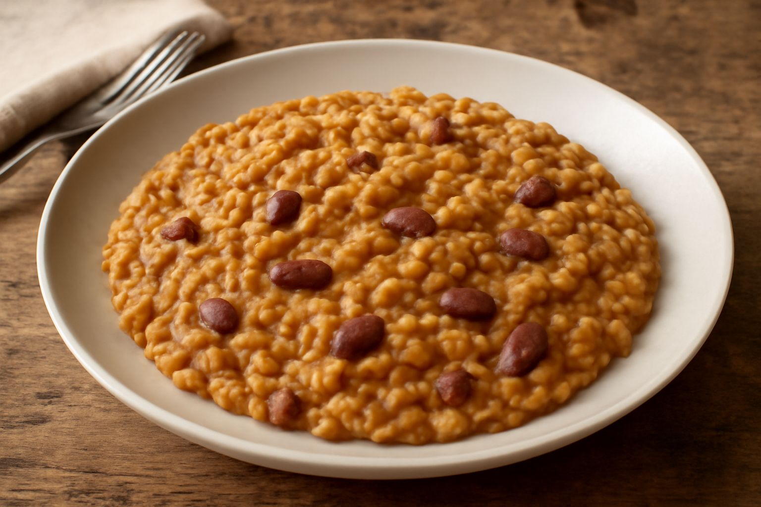 Piatto di risotto d'orzo e fagioli cremoso, colore beige-marrone con fagioli rossi visibili, servito in ciotola bianca, con un filo d'olio d'oliva verde e basilico fresco