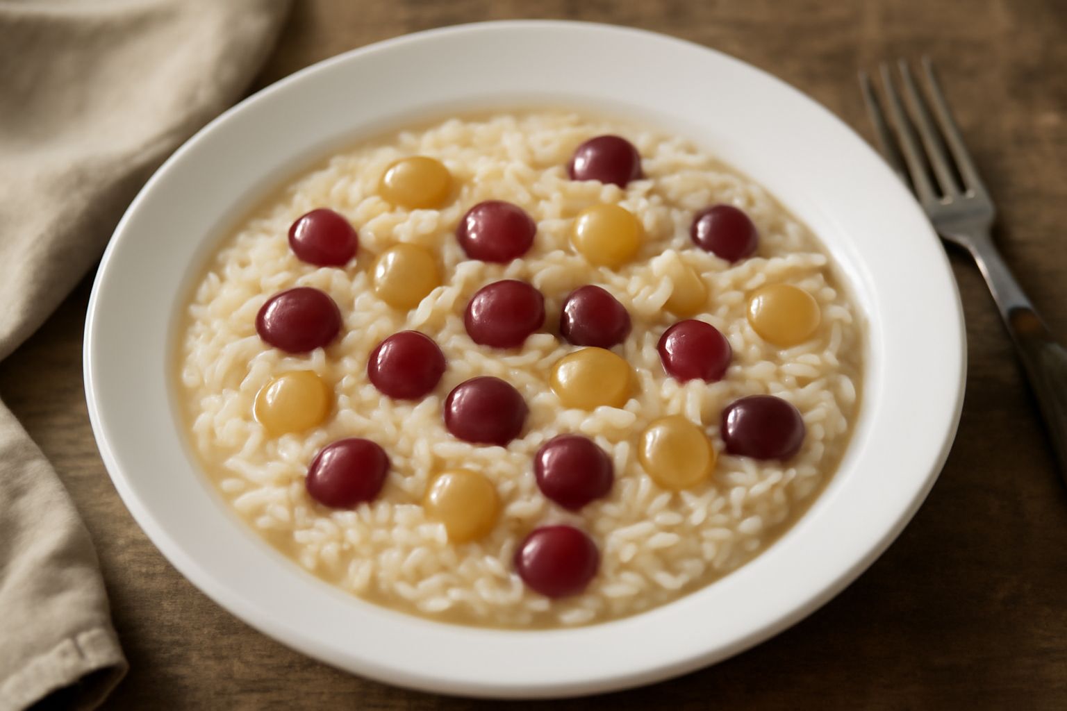 Risotto cremoso bianco avorio con chicchi d'uva rossa e bianca sparsi in superficie e dentro il riso, decorato con una fogliolina di salvia fresca, servito in piatto bianco fondo