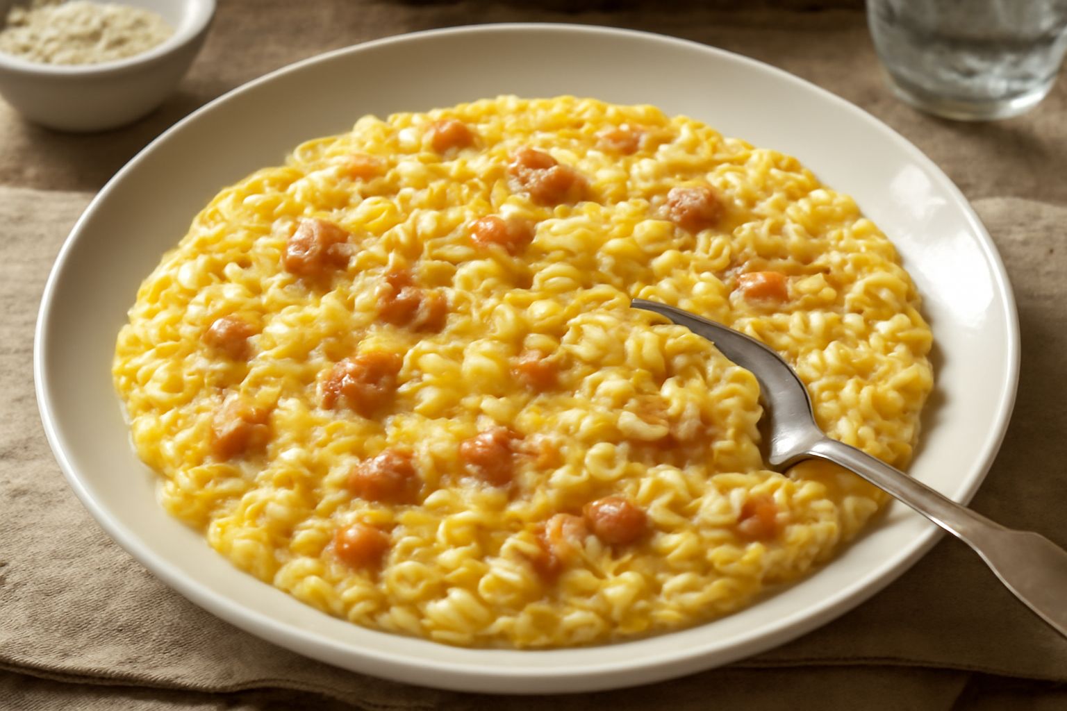 Risotto cremoso di colore giallo ambrato con pezzetti di luganega rosata ben distribuiti, mantecatura visibile, grattugiato di parmigiano e prezzemolo verde, servito in piatto bianco fondo