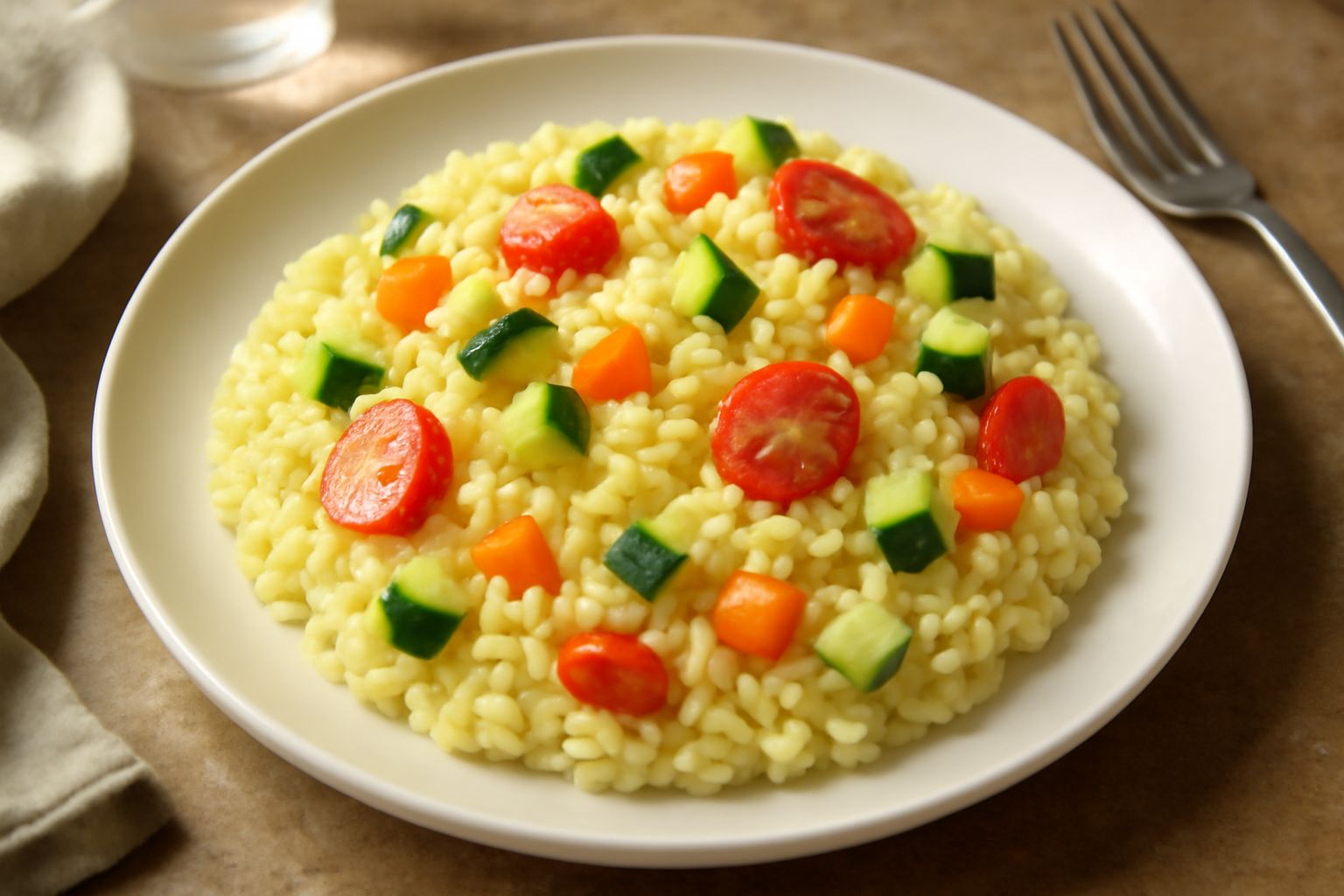Un piatto di risotto freddo presentato su ceramica bianca, riso cremoso di colore bianco avorio con verdure a dadini verdi e rosse, guarnito con una fogliolina di prezzemolo fresco, servito a temperat