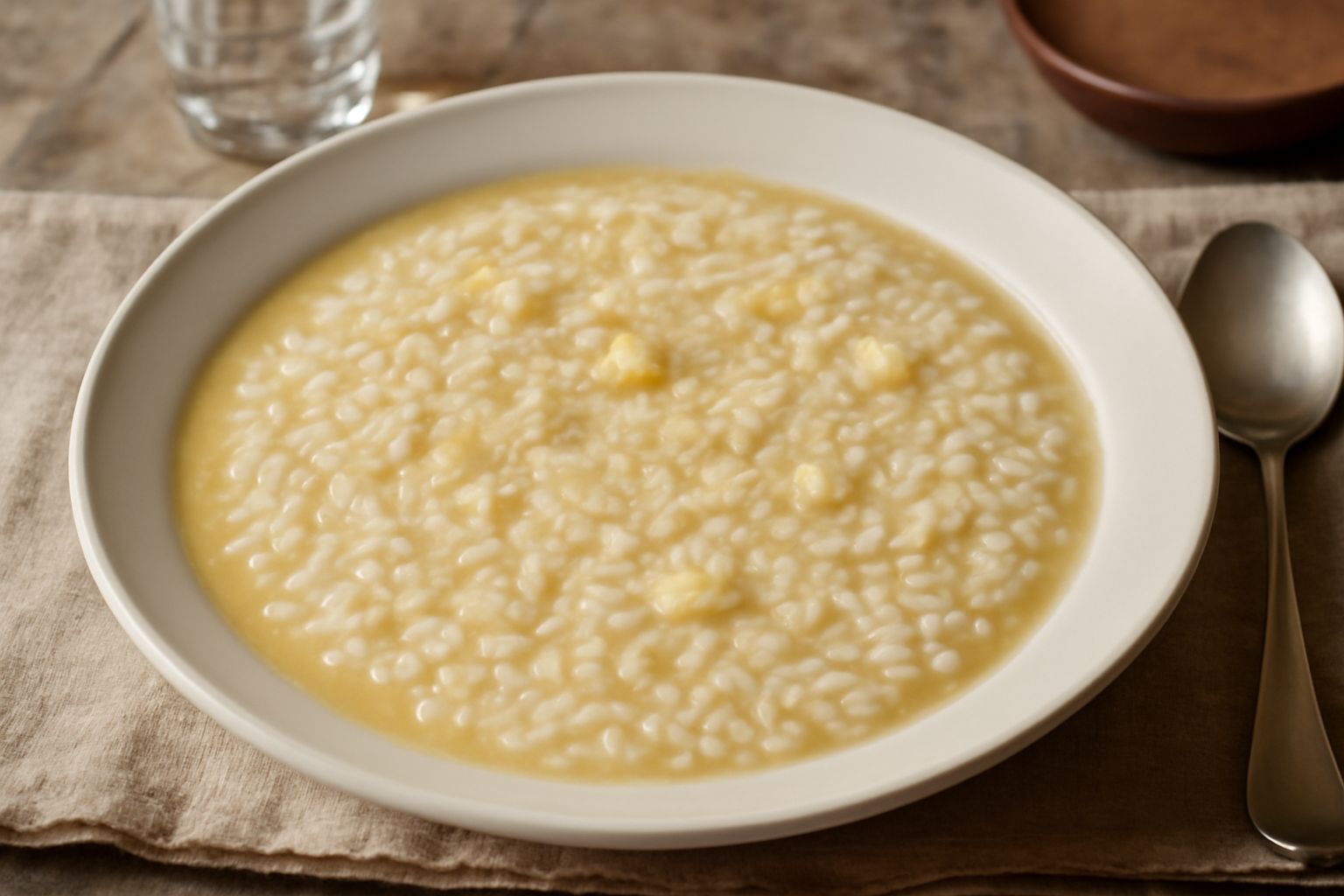 Piatto di risotto cremoso color avorio con gocce di burro sciolto in superficie, riso ancora distinguibile ma avvolto da salsa cremosa, parmigiano grattugiato in sparse quantità, cucchiaio di legno ap