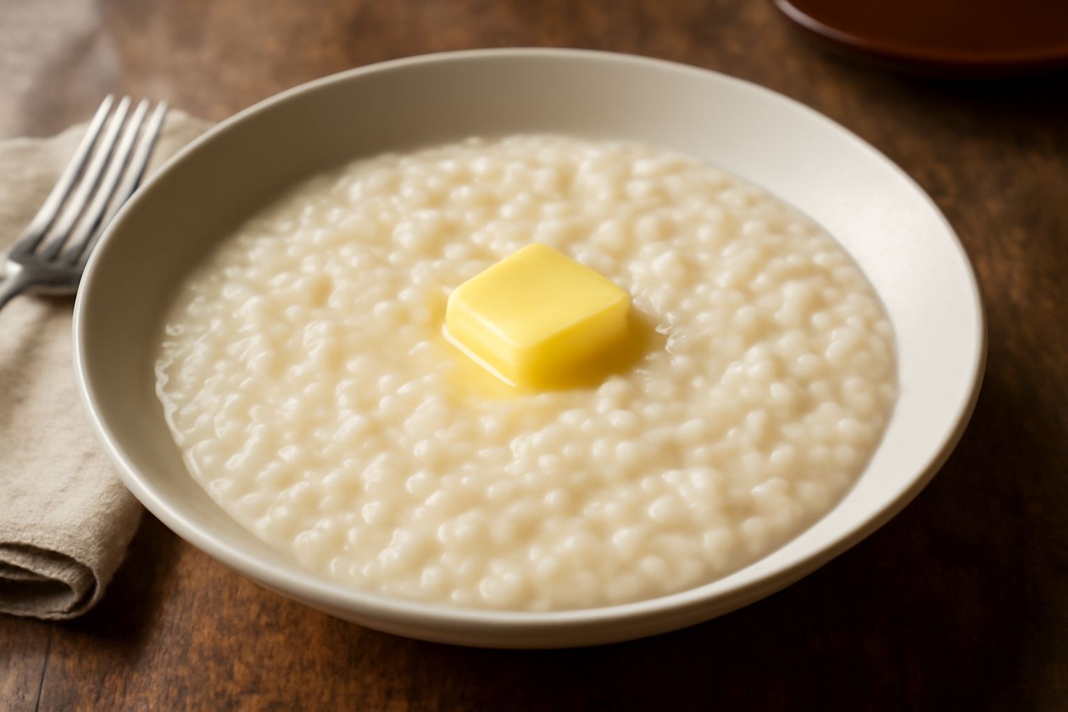 Piatto di risotto bianco cremoso, guarnito con un fiocco di burro fresco e leggera spolverata di pepe nero, servito in piatto bianco profondo