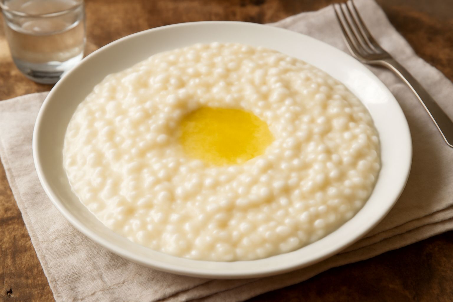 Piatto di risotto in cagnone bianco crema, cremoso e brillante, servito in bowl di ceramica bianca, con una piccola noce di burro al centro e parmigiano grattugiato fresco