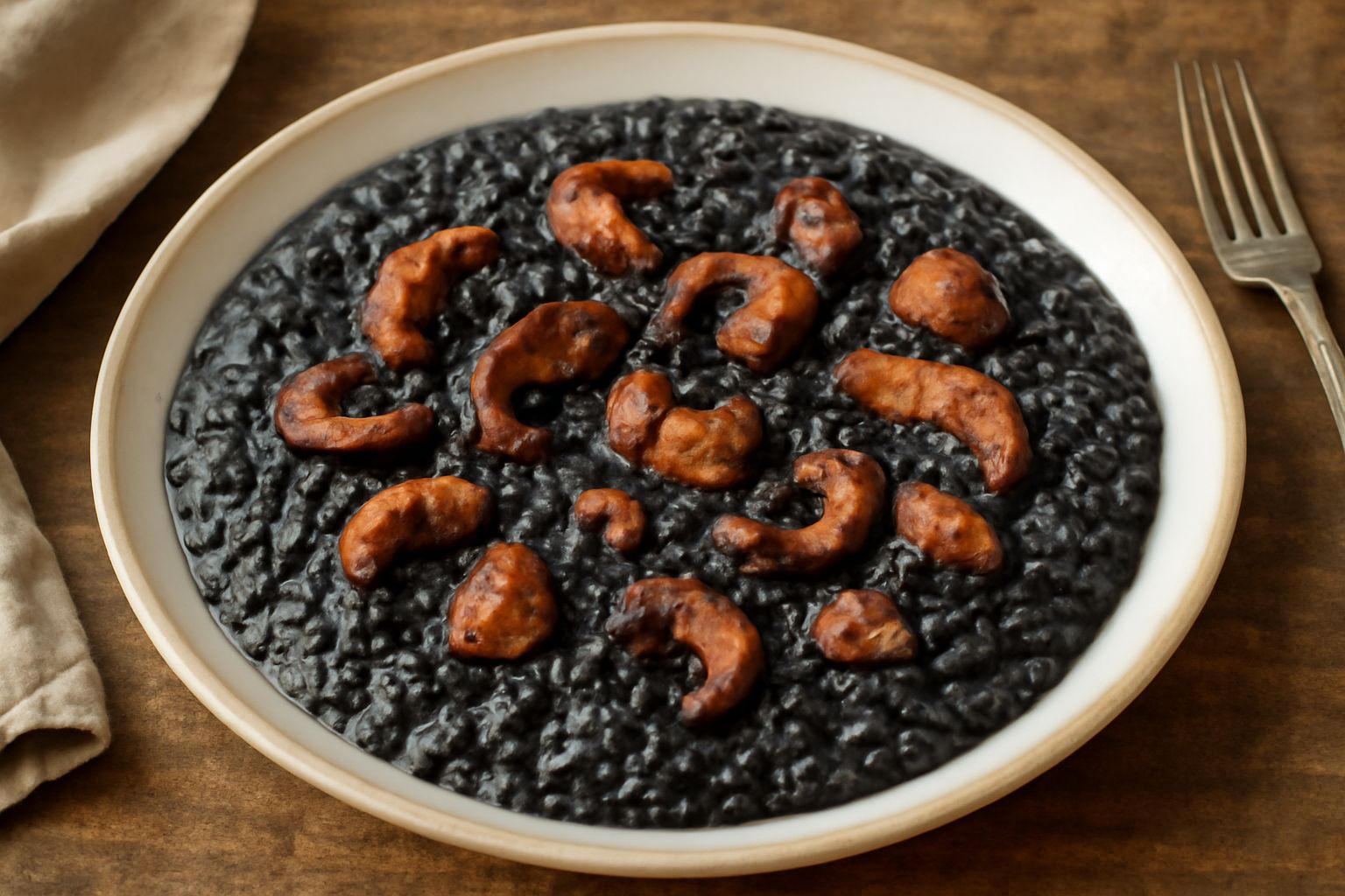 Piatto bianco con risotto nero cremoso, pezzi morbidi di polpo visibili sulla superficie, guarnito con filo di olio verde e prezzemolo fresco, cucchiaio che raccoglie il riso cremoso