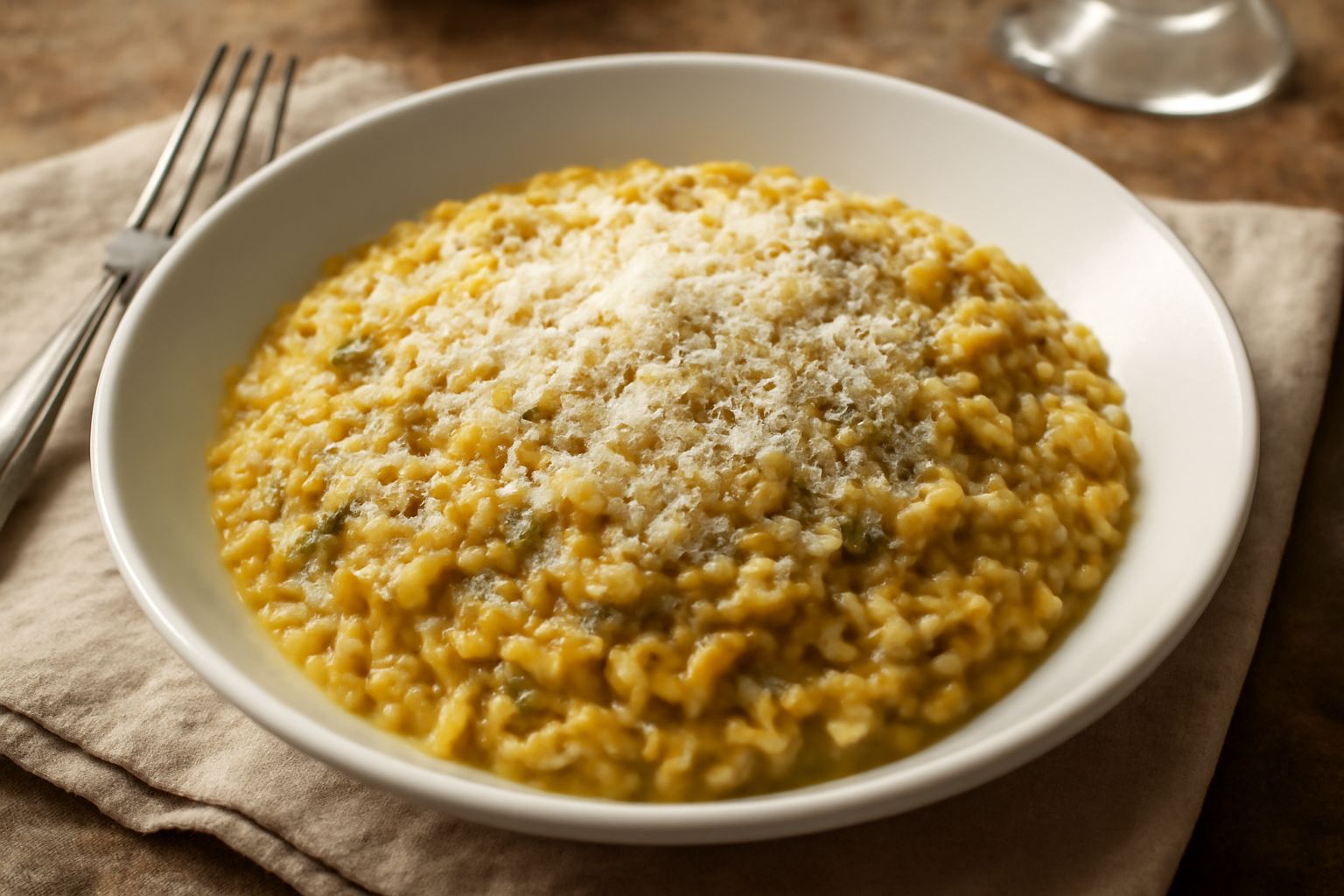 Risotto pasticciato servito in piatto fondo bianco, riso cremoso e compatto di colore dorato, con visibili verdure verdi e gialle, formaggio grattugiato in superficie, consistenza cremosa e densa