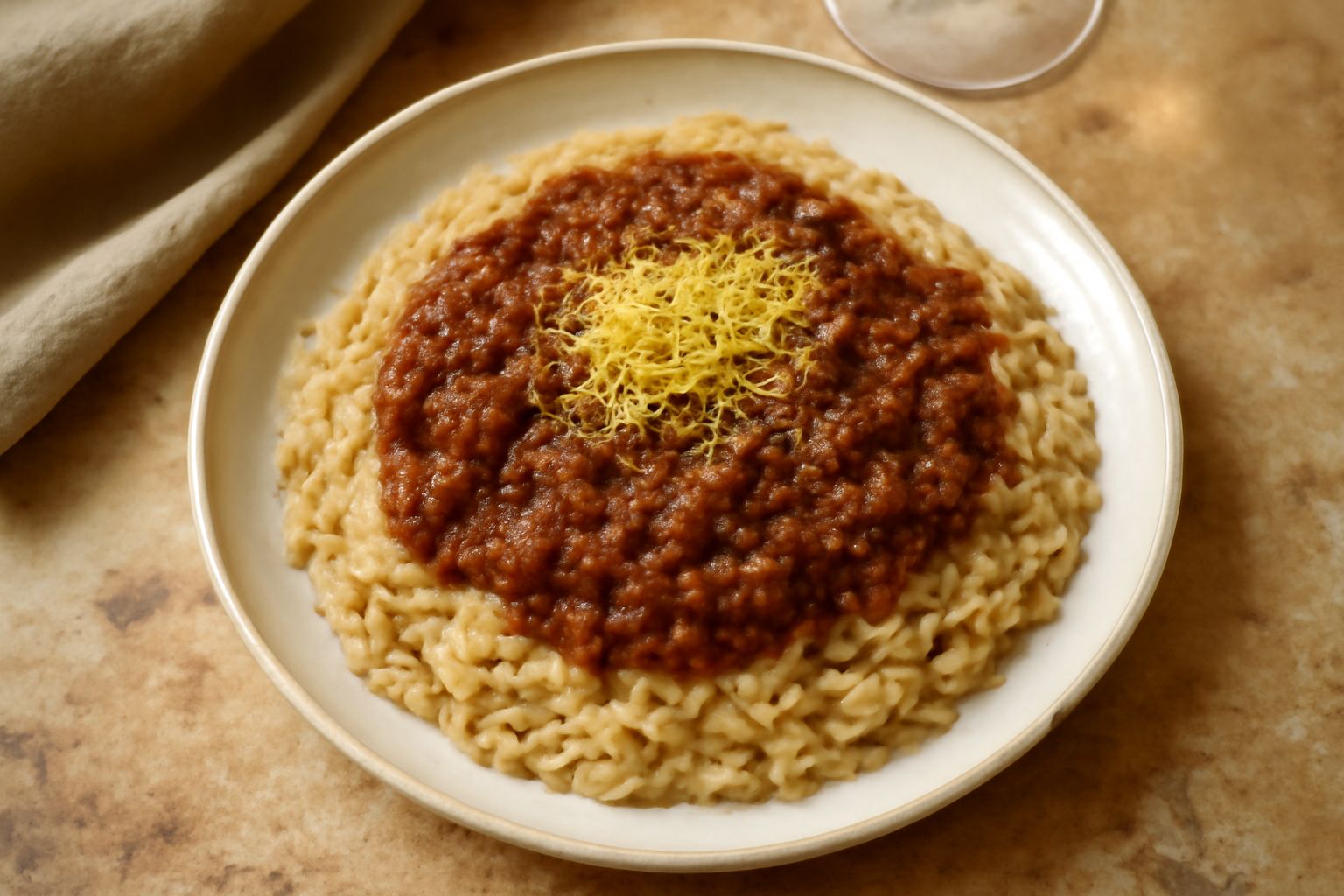 Piatto fondo di ceramica bianca con riso cremoso di colore beige, condito generosamente con ragù di carne marrone scuro, guarnito con formaggio grattugiato giallo pallido e pepe nero macinato in super
