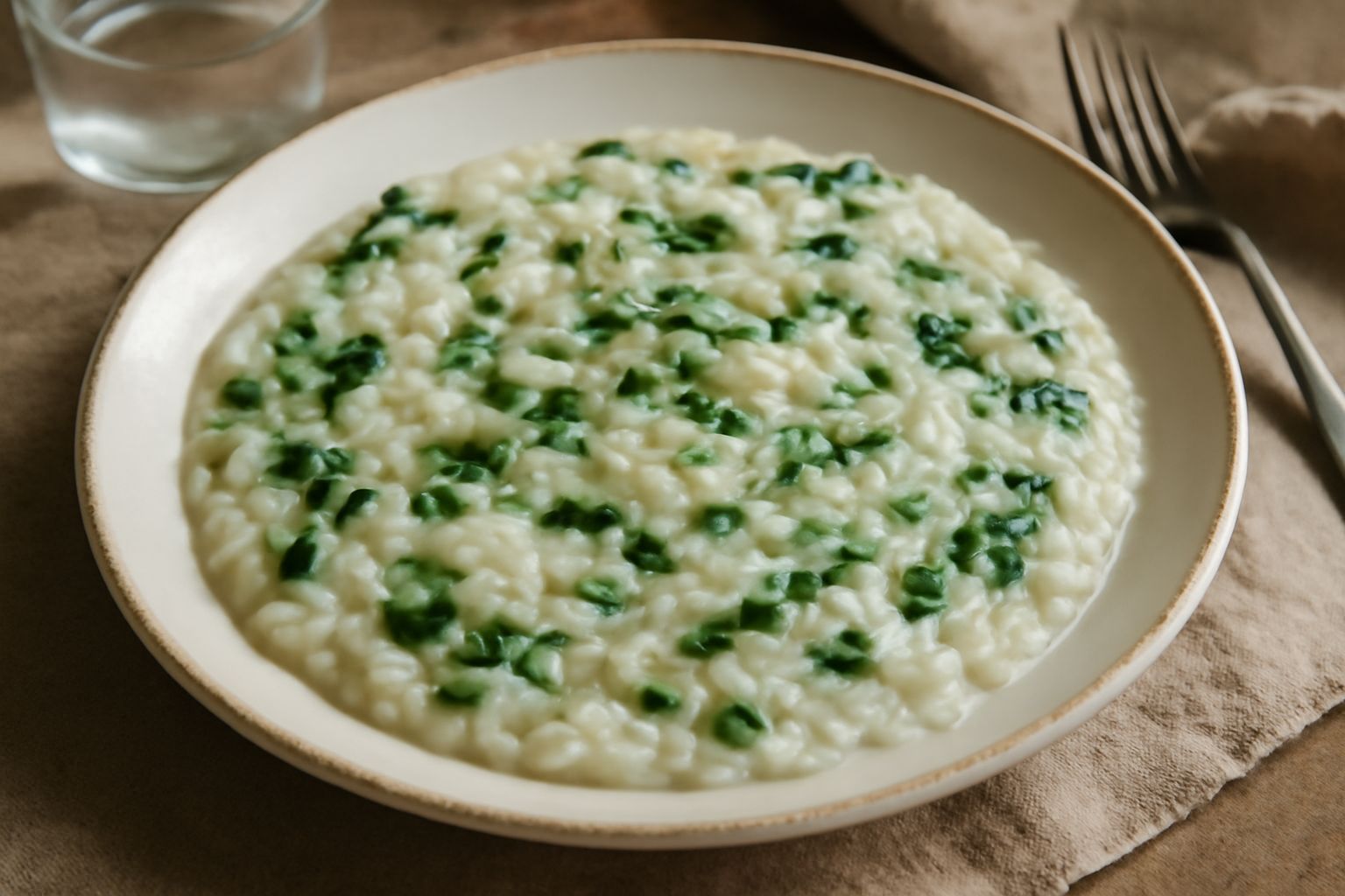 Piatto di risotto cremoso bianco con striature verdi delle bietole, condito con parmigiano grattugiato e un filo di olio d'oliva, servito in un piatto fondo bianco