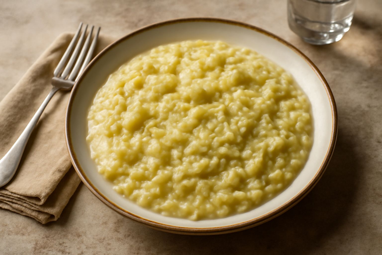 Scodella di riz e coi con riso bianco cremoso mescolato a cavoli verdi teneri, una manciata di formaggio grattugiato bianco in superficie, caldo fumante in una ciotola di porcellana bianca