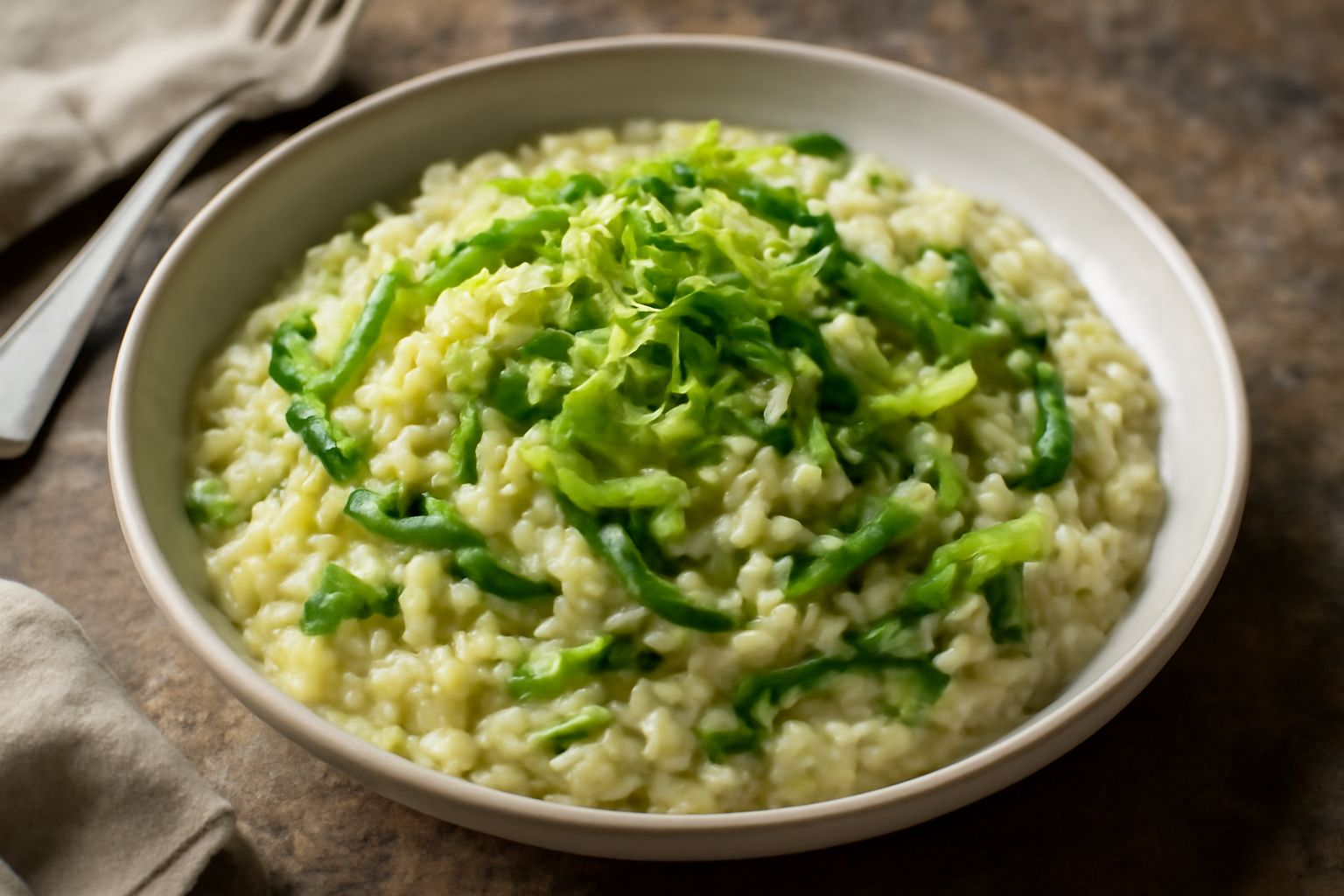 Un piatto fondo bianco contenente riso color avorio con strisce di cavolo verde intenso, leggermente brillante di olio, impiattato con una cucchiaiata di parmigiano grattugiato in cima