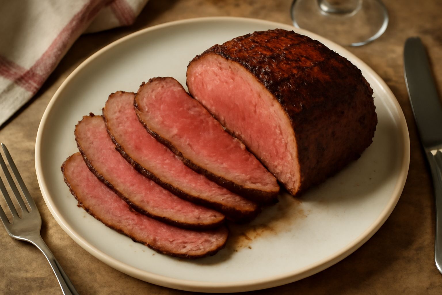 Roast beef affettato disposto su un piatto bianco, fette rosso-rosa al centro con bordo dorato, accompagnato da salsa marrone scuro in piccola ciotola e rametti di rosmarino fresco